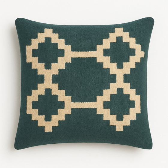 Image 1 of Handmade Egyptian Wool Cushion Cover "Senon" - 40×40 cm - Green & Cream - With Zipper - Excluding Inner Cushion