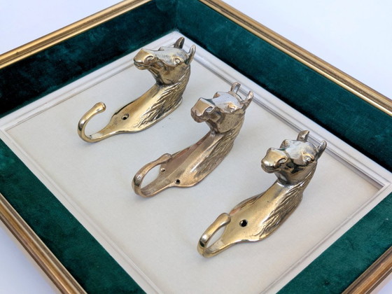Image 1 of Set of 3 Vintage Brass Horse Head Wall Hooks Equestrian Heritage Accent