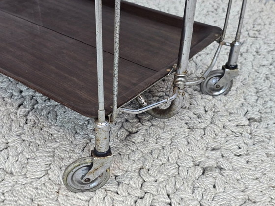 Image 1 of Vintage Foldable and Mobile Chrome Steel 2 Faux Wood Layers ‘Dinett’ Serving Trolley by Bremshey Gerlinol, Germany, 1970s. 