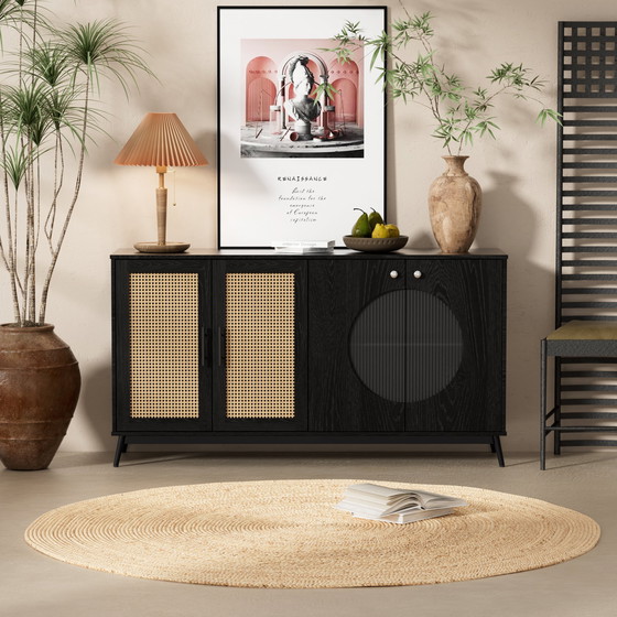 Image 1 of Credenza nera Urban Meuble con ante in vetro in rattan, anta semicircolare 160*40*80cm VELZU