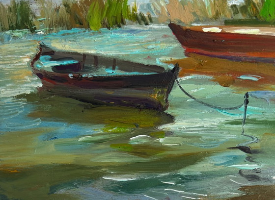 Image 1 of Original Oil Painting Summer River Landscape Boats moored on the shore