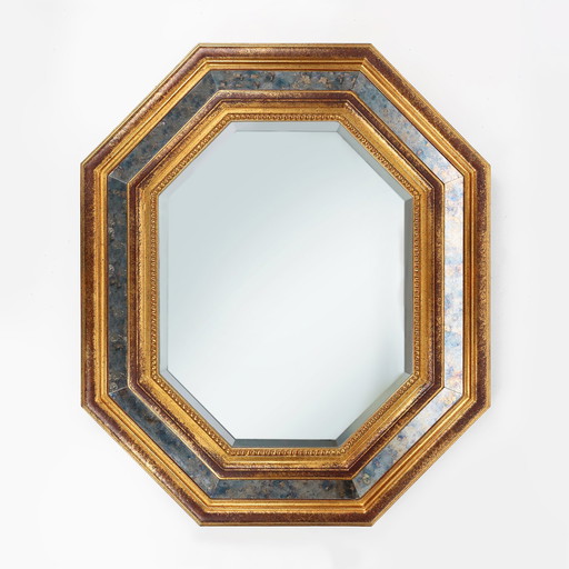 Gilded Octagonal Mirror by Deknudt Belgium Decorated with Smoked Mirror Glass