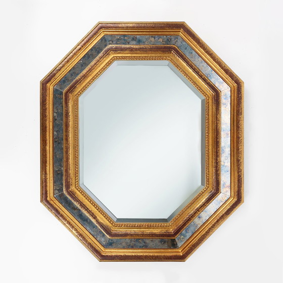 Image 1 of Vergulde achthoekige spiegel door Deknudt België versierd met gerookt spiegelglas