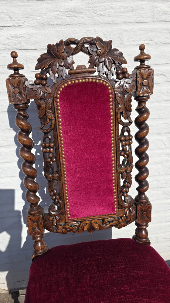 Image 1 of Splendido set di 6 sedie antiche neorinascimentali (stile Mechelen) - Ricche intagliature e velluto