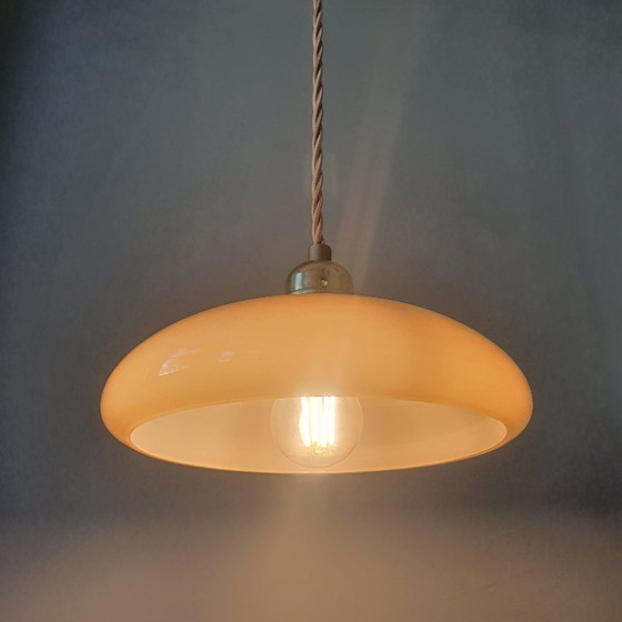 Vintage French Pendant Lamp - Pastel Yellow Opaline Glass – Metal (photo 8 of 12)