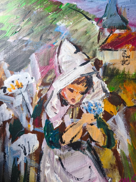Image 1 of Original Signed Oil Painting – Village Church & Girl – Framed Vintage Artwork