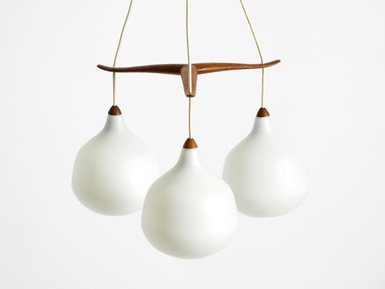Image 1 of Beautiful pendant lamp with three opal glass shades and a teak frame by Uno & Östen Kristiansson for Luxus Vittsjö, Sweden 1957