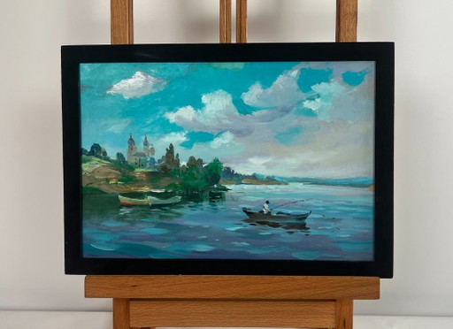 Original Oil Painting Summer Coastal Landscape Summer quiet fishing