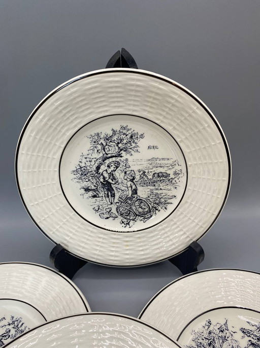 5 Earthenware Dinner Plates, "The Months" Decor, Digoin-Sarreguemines, France – decoratieve objecten (photo 2 of 5)