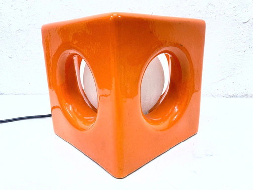 Lampada da tavolo in ceramica arancione a forma di cubo, design Space Age, anni '70