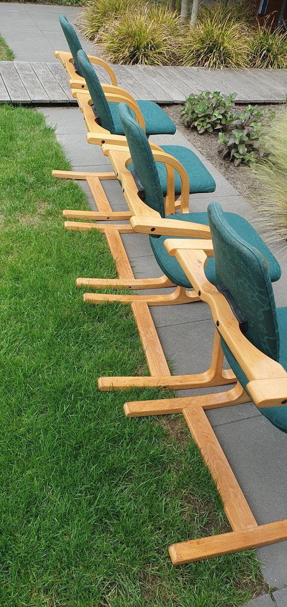 Image 1 of Actulum (4x) - Stokke (Varier) - Ergonomically shaped rocking chair by Peter Opsvik - green upholstery and wooden frame