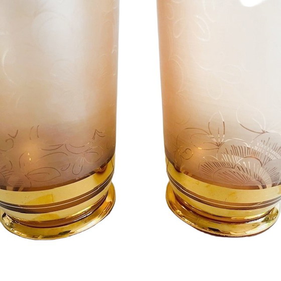 Image 1 of Coppia di vasi in vetro rosa placcati in oro De Rupel, Art Déco anni '30