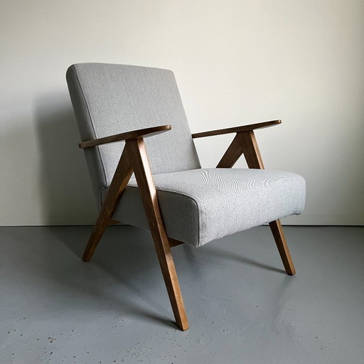Vintage Mid Century Modern Armchair: Grey Fabric & Beech Wood Frame