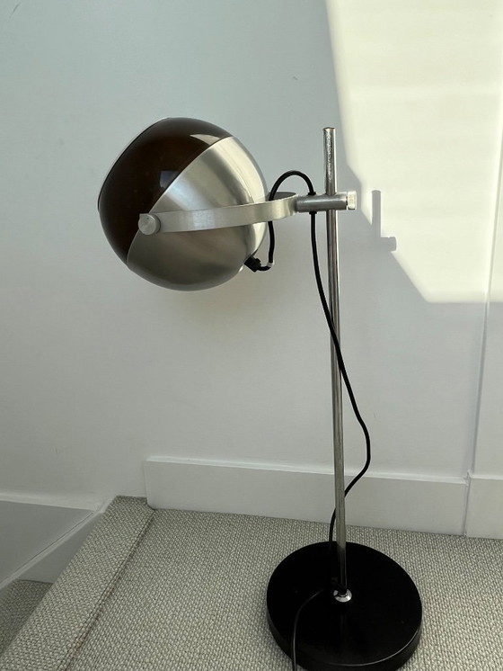 Image 1 of Seltene Dijkstra-Tischleuchte mit Augapfelmotiv | Weltraumzeitalter der 1970er Jahre | Metall & Mokka