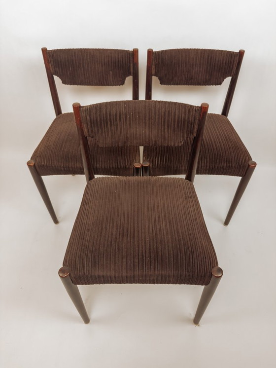Image 1 of 3x Vintage teak dining chairs with brown upholstery