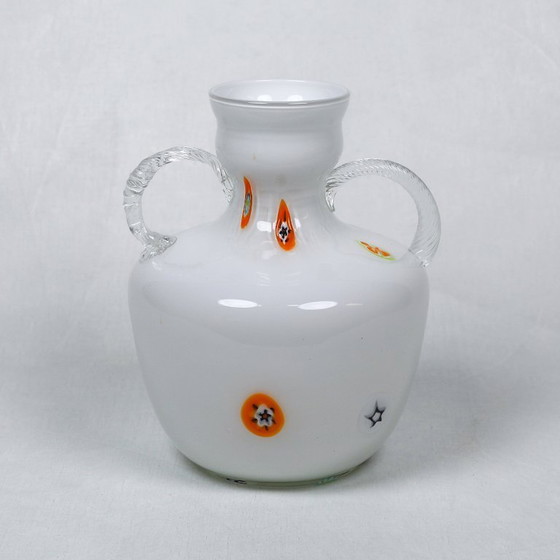 Image 1 of Murano-Opalin-Millefiori-Vase mit klaren Glasgriffen, 1970er Jahre