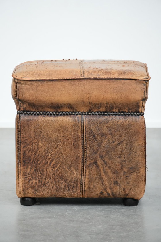 Image 1 of Sturdy square vintage sheepskin pouf/ottoman