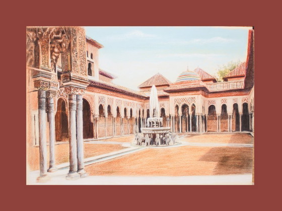 Image 1 of Drawing of the Alhambra. Court of the Lions. Alhambra painting. Painting of the Court of the Lions. New.
