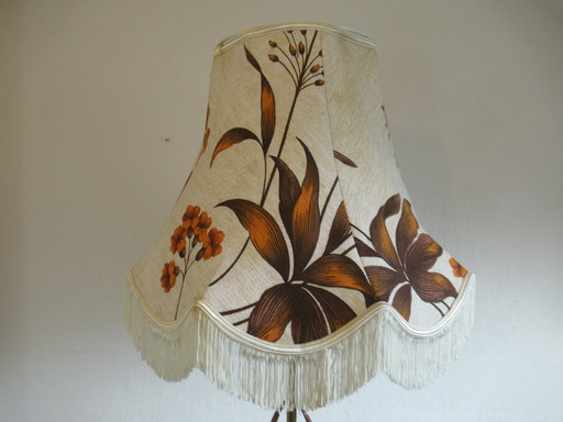 Large lampshade with fringes in vintage style, brown, orange and cream with flower and leaf pattern