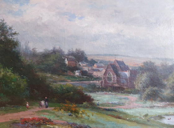 Image 1 of Paysage de village rural avec église - Henri Marcette (1824–1890)