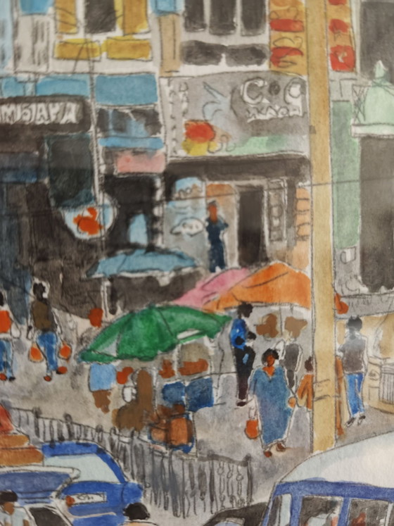 Acquerello "Street life Port Louis Mauritius", Dipinti e disegni, Carta, Multicolore (foto 3 di 8)