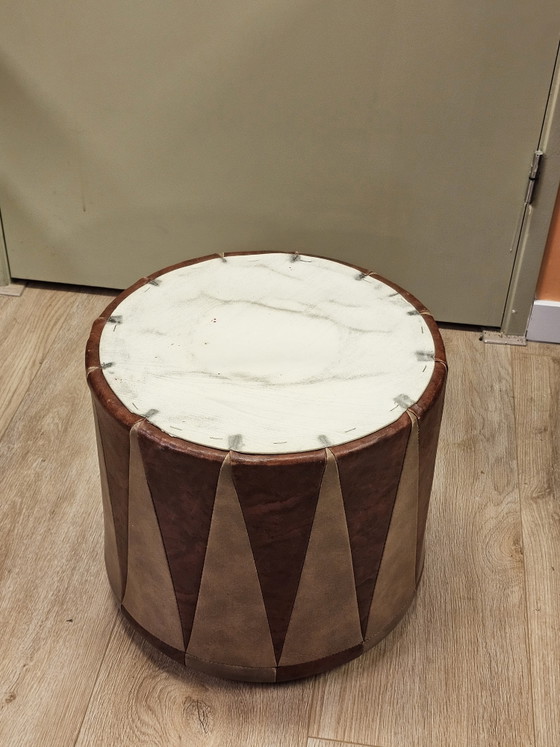 Vintage Skailer Pouf - Brown/Beige Leather Ottoman – Footstools & poufs (photo 5 of 5)
