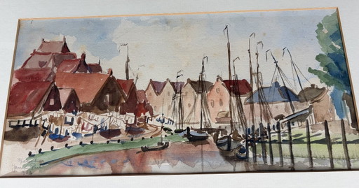 Watercolor by Jan van Riel from 1953 of the harbor of Spakenburg.