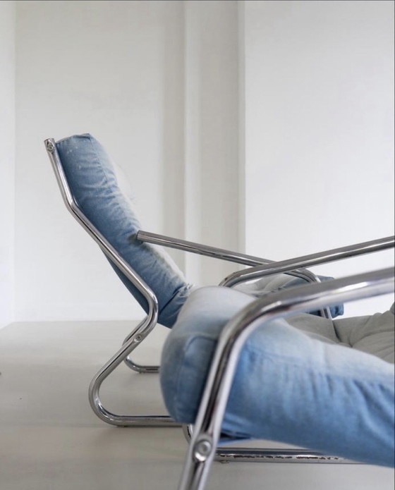 Image 1 of Chaises design vintage chromées retapissées de tissu denim