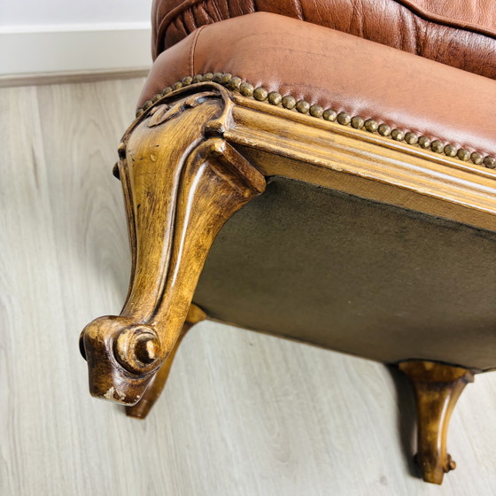 Image 1 of Vintage Queen Anne leather footstool with cabriole legs