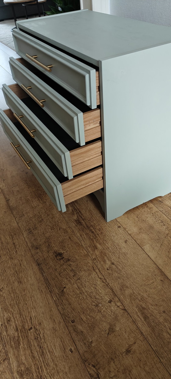 Image 1 of chest of drawers - soft green with brass handles