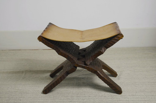 Brutalist Folding Stool Leather Sling Seat Hand Carved Wood X Frame 1950s Rustic Mid Century Ottoman