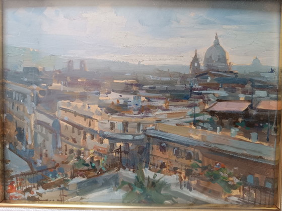 Vue de Rome (huile sur panneau Claudio Simonetti), Objets d'art, Papier, Bois, Bleu (photo 2 sur 6)