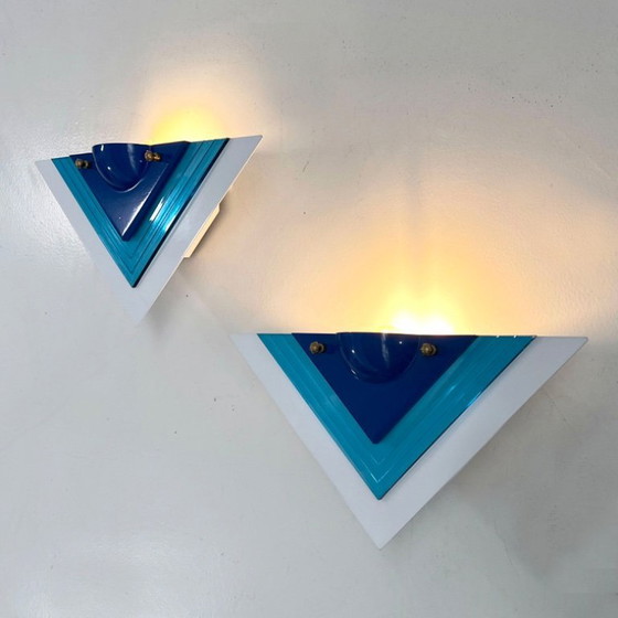 Image 1 of Pair of Blue Postmodern Wall Lamps, 1980s