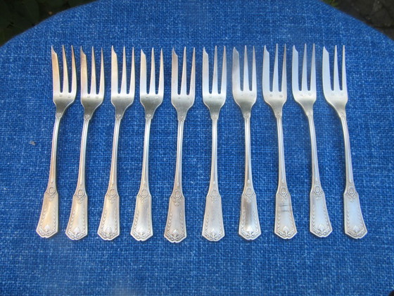 10 French Silver Plated "Metal Blanc" Small Forks Antique Art Nouveau (Ref. 080826) – Table accessories (photo 3 of 14)