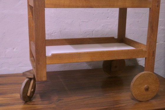 Brutalist Scandinavian Bar Cart / Serving Trolley in Solid Oak, 1950s-60s – Wood (photo 13 of 14)