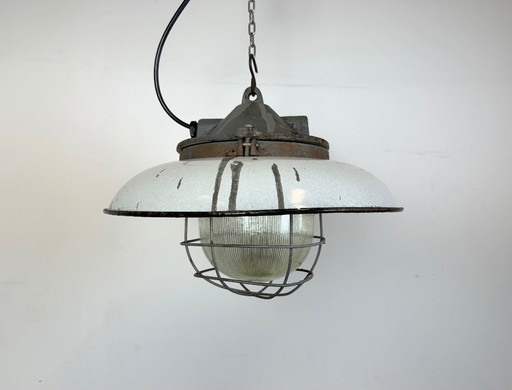 Industrial Grey Enamel Factory Cage Pendant Lamp in Cast Iron from Zaos, 1960s