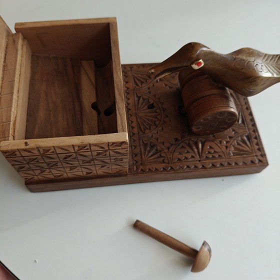 Image 1 of Hand-Carved Mechanical Bird Cigarette Dispenser | Folk Art Wooden Box | Working Mechanism