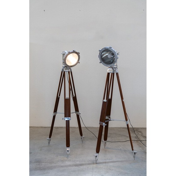 Image 1 of Pair of vintage tripod floor lamps in anodized aluminum and cherry wood, Italy 1989