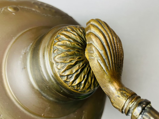 Image 1 of Art Deco Vintage Ornate Brass Table Lamp with Blue Glass Inserts, 1930s