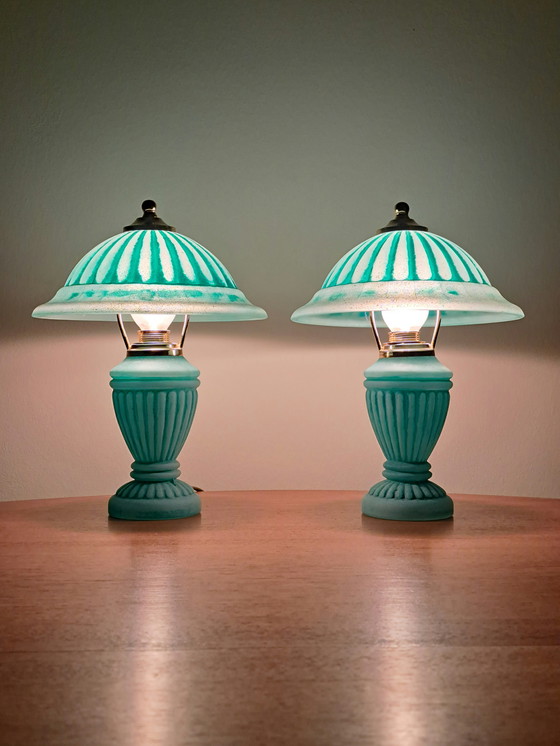 Image 1 of 🔵🟡 2 Vintage Glass & Brass Table Lamps – Turquoise – Excellent Condition
