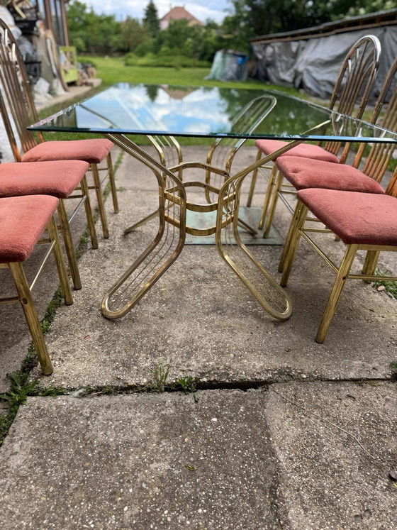Italian Brass Dining Table and Chairs, 1970s, Set of 7 – Dining set, Glass, Hollywood Regency (photo 6 of 9)