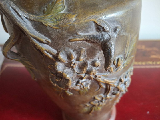 Image 1 of Pair of Art Nouveau spelter vases with triple patina, signed Louis and François Moreau