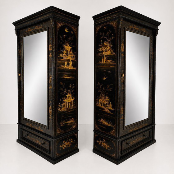 Image 1 of A pair of 19th-century Chinoiserie-style linen cupboards/wardrobes.