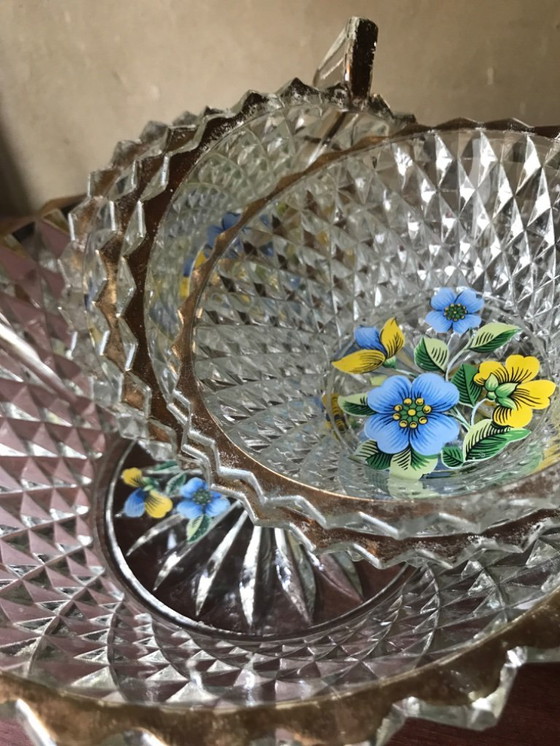 Image 1 of Franse punchschaal met kommetjes, geslepen glas met verchroomde rand 