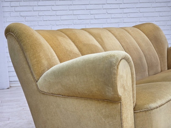 1960s, Danish 3-seater sofa, light green furniture velour., 3-5 seaters, Velvet, Wood, Vintage (photo 14 of 15)