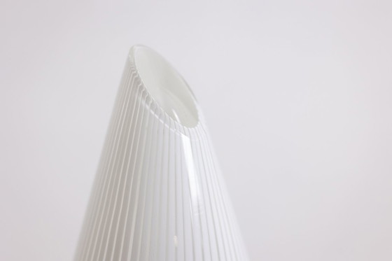 Image 1 of Conical Murano glass lamp with white striped pattern.  From the '70s.