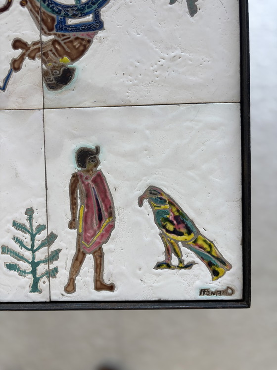 Image 1 of Table d'appoint vintage avec motif égyptien - carreaux de céramique peints à la main