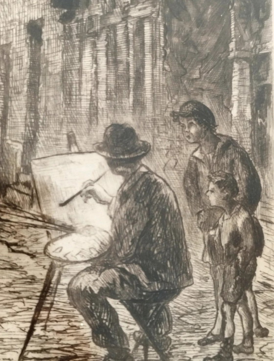 Originele ets van Aimé Edmond Dallemagne, "Rue du Chevalier-de-la-Barre" in Parijs – Litho's & Zeefdrukken (photo 5 of 10)