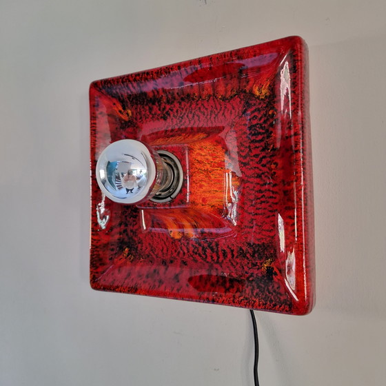 Image 1 of Vintage Square Red Wall Lamp: Ceramic Wall Lamp with Orange/Red Glaze, Germany 1970s - Hustadt Leuchten