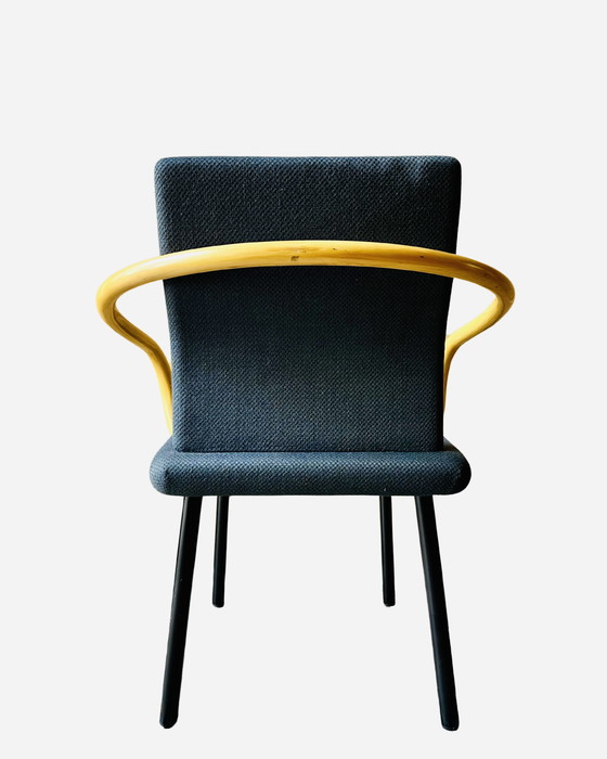 Image 1 of 4x Mandarin stoel van Ettore Sottsass voor Knoll, 1986 - Blauwe stof, armleuningen in bamboelook